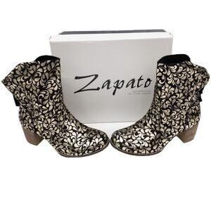 ZAPATO Black Gold Metallic Buckle Stacked Heel Leather Ankle Boots 7 Women's